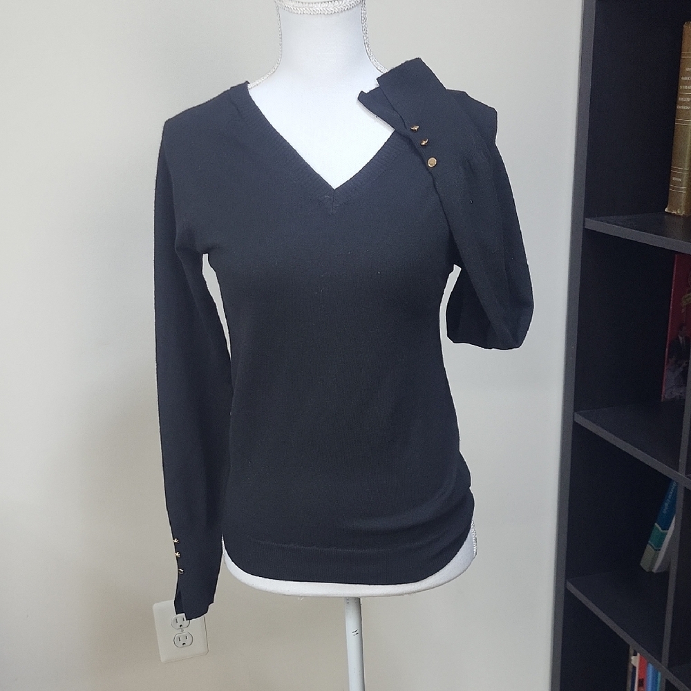 ACTIVE USA Black Viscose Blend Gold Tone Button Cuff Detail V-Neck Sweater